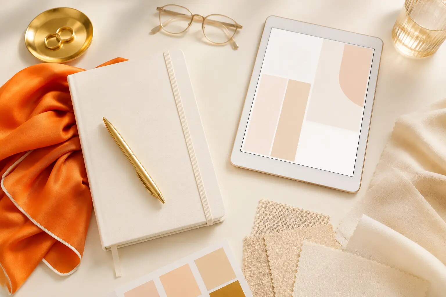 Professional planning desk with a notebook, tablet, color palette and fabric representing intentional alignment.