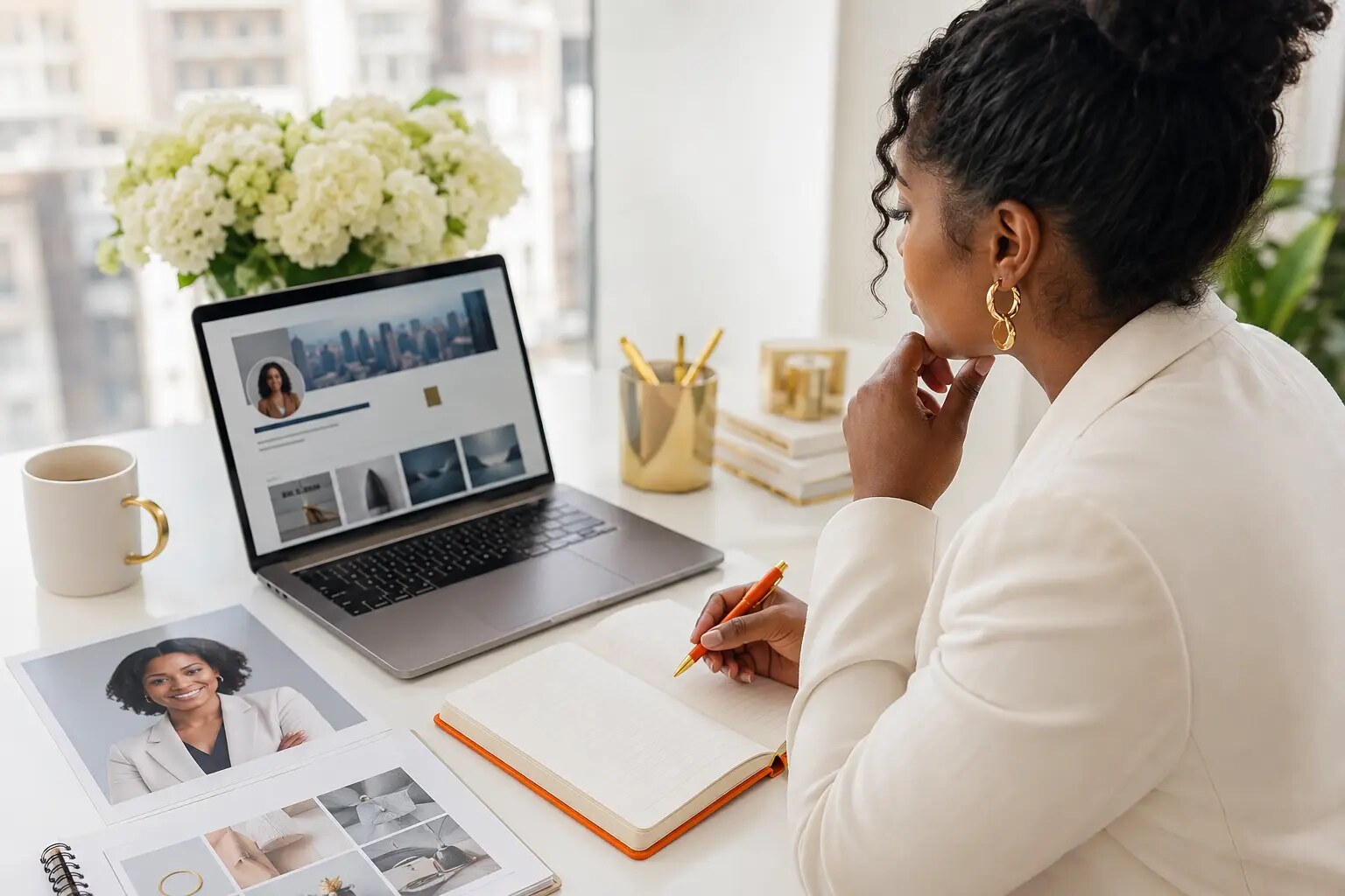 Young Black professional reviewing the digital materials that shape her personal brand and professional reputation.