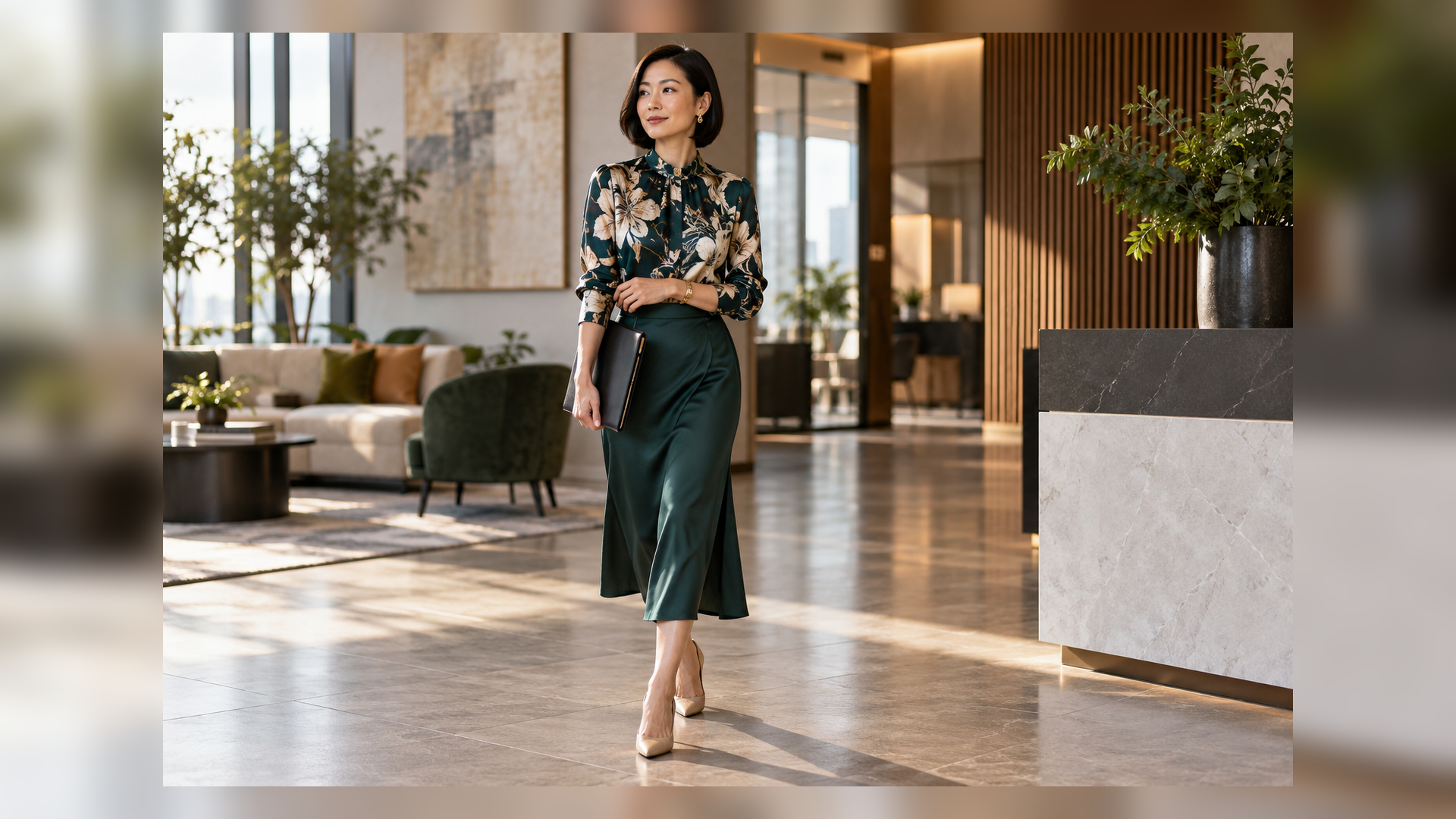 Young professional woman wearing a polished senior-level work outfit.