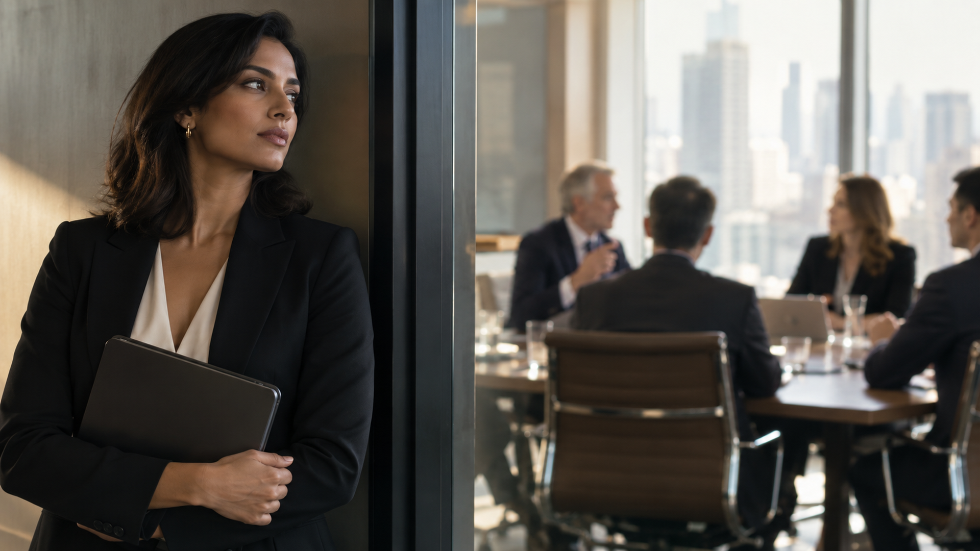 Professional woman preparing to contribute during a leadership meeting