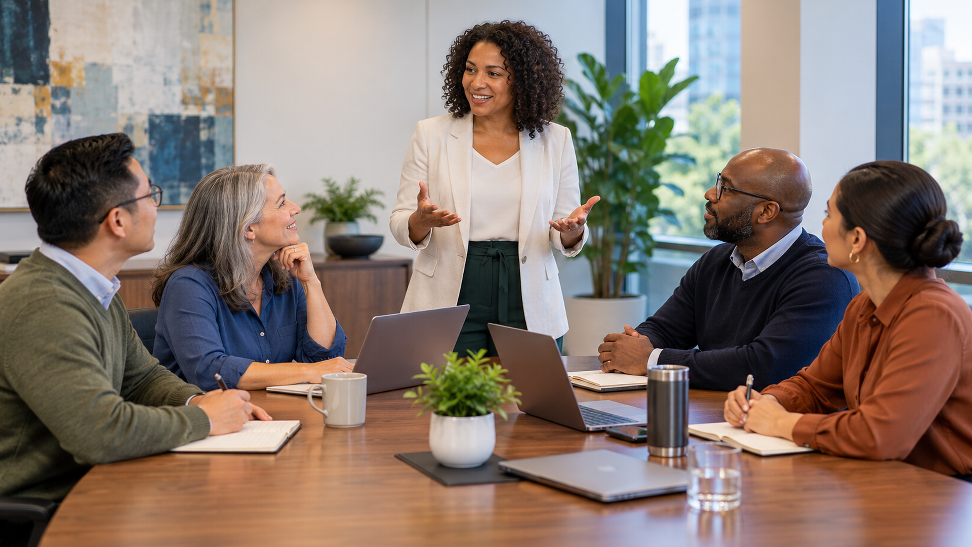 Facilitator demonstrating executive presence during a business discussion